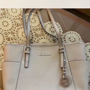 Michael Kors Taupe Saffiano Leather Tote with MK Charm